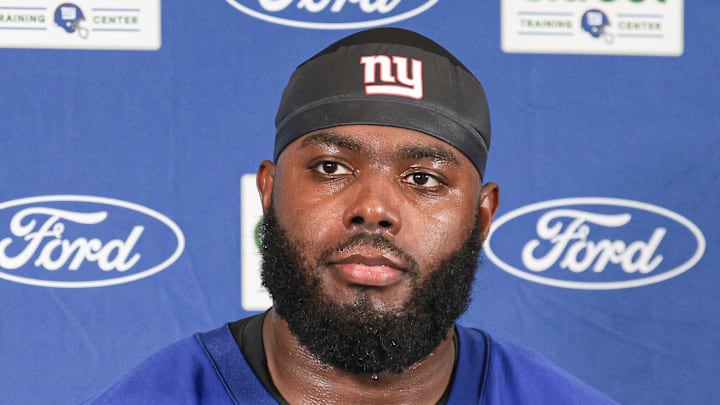 Jul 24, 2024; East Rutherford, NJ, USA; New York Giants offensive tackle Andrew Thomas (78) talks with media during training camp at Quest Diagnostics Training Facility. Mandatory Credit: Vincent Carchietta-Imagn Images