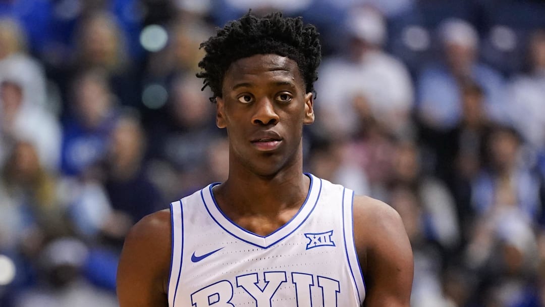 Mar 7, 2026; Provo, Utah, USA; BYU Cougars forward AJ Dybantsa (3) looks on during the first half against the Texas Tech Red Raiders at Marriott Center. Mandatory Credit: Aaron Baker-Imagn Images