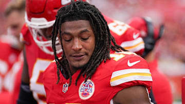  Kansas City Chiefs running back Isiah Pacheco (10) on the sidelines against the Philadelphia Eagles during the game at GEHA Field at Arrowhead Stadium.