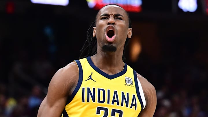 Indiana Pacers forward Aaron Nesmith (23) celebrates after hitting a three point basket during the second half against the Cleveland Cavaliers in Game 1 of the second round for the 2025 NBA Playoffs at Rocket Arena.