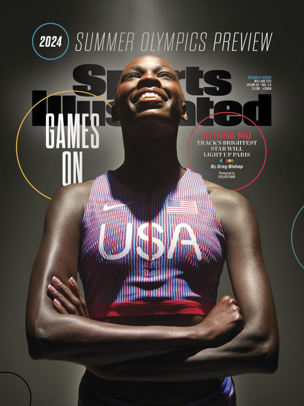 U.S. runner Athing Mu stands under a spotlight in a Team USA Olympic track uniform on the cover of Sports Illustrated.
