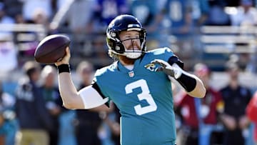 Nov 7, 2021; Jacksonville, Florida, USA; Jacksonville Jaguars quarterback CJ Beathard (3) throws the ball during the game against the Buffalo Bills at TIAA Bank Field. Mandatory Credit: Melina Myers-Imagn Images