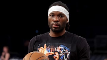 Apr 11, 2025; New York, New York, USA; New York Knicks forward Precious Achiuwa (5) warms up before a game against the Cleveland Cavaliers at Madison Square Garden. Mandatory Credit: Brad Penner-Imagn Images