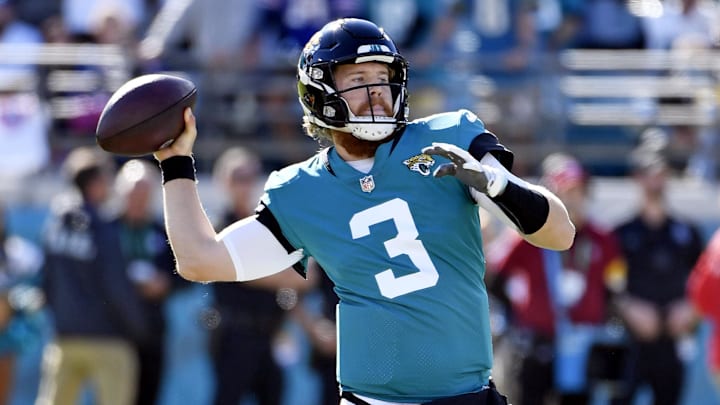 Nov 7, 2021; Jacksonville, Florida, USA; Jacksonville Jaguars quarterback C.J. Beathard (3) throws the ball during the game against the Buffalo Bills at TIAA Bank Field.