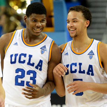 Jan 23, 2014; Los Angeles, CA, USA;  UCLA Bruins guard Zach LaVine (14), forward/center Tony Parker (23) and guard/forward Kyle Anderson (5) walk off the court after their game against the Stanford Cardinal at Pauley Pavilion. UCLA won 91-74. Mandatory Credit: Jayne Kamin-Oncea-USA TODAY Sports
