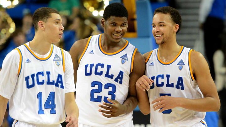 Jan 23, 2014; Los Angeles, CA, USA;  UCLA Bruins guard Zach LaVine (14), forward/center Tony Parker (23) and guard/forward Kyle Anderson (5) walk off the court after their game against the Stanford Cardinal at Pauley Pavilion. UCLA won 91-74. Mandatory Credit: Jayne Kamin-Oncea-USA TODAY Sports