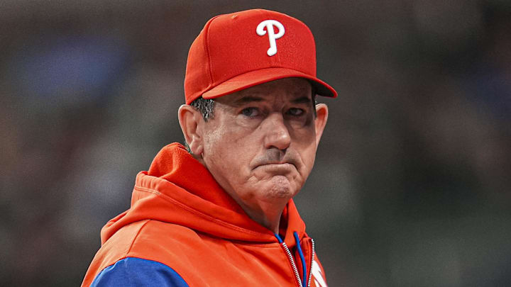 Apr 9, 2025; Cumberland, Georgia, USA; Philadelphia Phillies manager Rob Thomson (59) on the field during the game against the Atlanta Braves at Truist Park Apr 9, 2025; Cumberland, Georgia, USA; Philadelphia Phillies manager Rob Thomson (59) on the field during the game against the Atlanta Braves at Truist Park