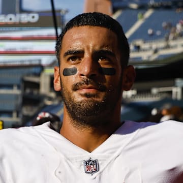Sep 25, 2022; Seattle, Washington, USA; Atlanta Falcons quarterback Marcus Mariota (1) walks to the locker room following a 27-23 victory against the Seattle Seahawks during the fourth quarter at Lumen Field. Mandatory Credit: Joe Nicholson-Imagn Images