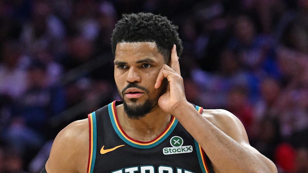 Detroit Pistons forward Tobias Harris (12) celebrates a basket against the Philadelphia 76ers during the second half at Xfinity Mobile Arena on Apr 4, 2026.