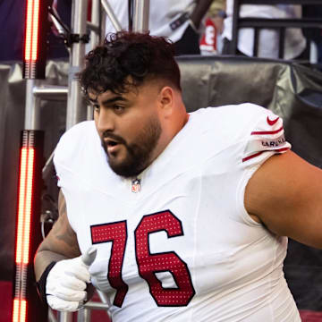 Dec 17, 2023; Glendale, Arizona, USA; Arizona Cardinals offensive lineman Will Hernandez (76) against the San Francisco 49ers at State Farm Stadium. Mandatory Credit: Mark J. Rebilas-USA TODAY Sports