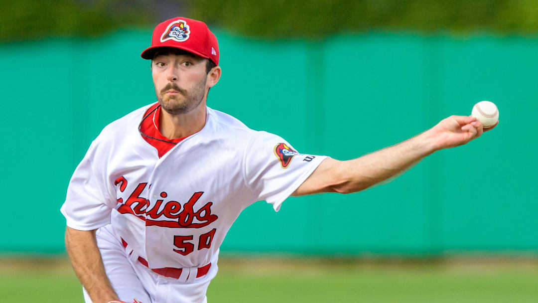 Peoria Chiefs pitcher Cooper Hjerpe throws against Dayton on Tuesday, May 9, 2023 at Dozer Park in Peoria.