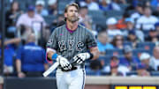 Sep 20, 2025; New York City, New York, USA; New York Mets second baseman Jeff McNeil (1) reacts after striking out to end the sixth inning against the Washington Nationals at Citi Field. Mandatory Credit: Wendell Cruz-Imagn Images