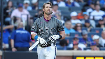 Sep 20, 2025; New York City, New York, USA; New York Mets second baseman Jeff McNeil (1) reacts after striking out to end the sixth inning against the Washington Nationals at Citi Field. Mandatory Credit: Wendell Cruz-Imagn Images