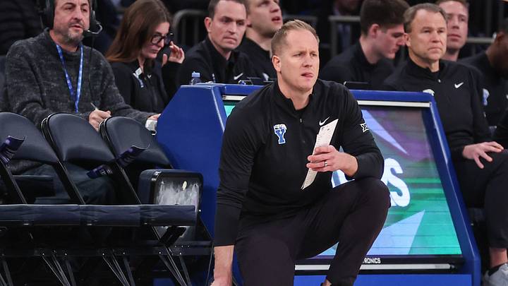 Dec 9, 2025; New York, New York, USA;  BYU Cougars head coach Kevin Young at Madison Square Garden. Mandatory Credit: Wendell Cruz-Imagn Images