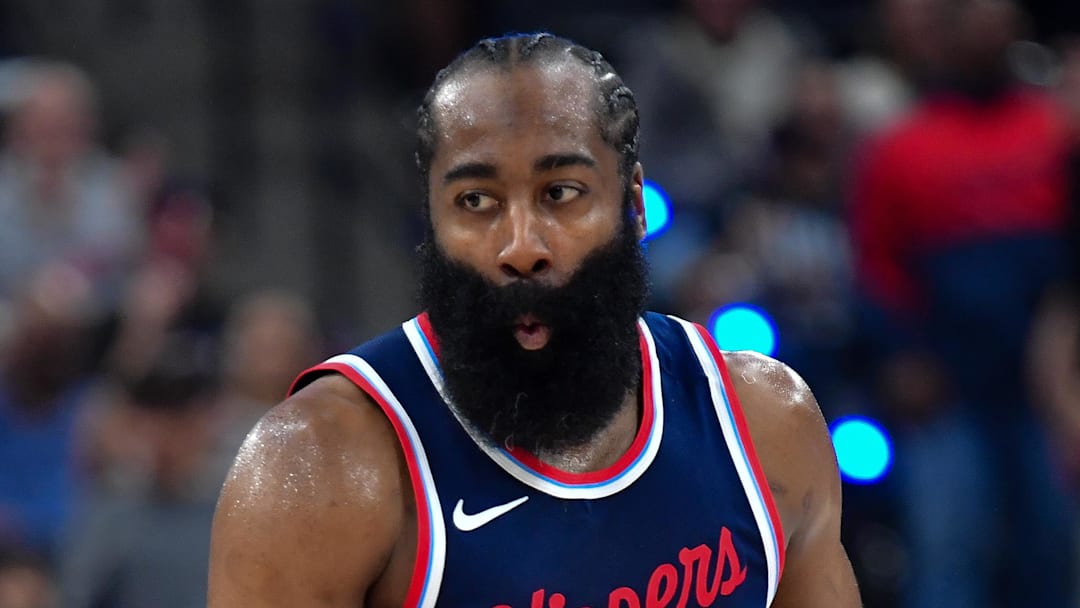 Apr. 24, 2025; Inglewood, California, USA; Los Angeles Clippers guard James Harden (1) reacts after scoring a three point basket against the Denver Nuggets during the first half of game three in the first round for the 2024 NBA Playoffs at Intuit Dome.