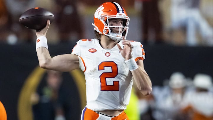 Dec 21, 2024; Austin, Texas, USA; Clemson Tigers quarterback Cade Klubnik (2) against the Texas Longhorns during the CFP National playoff first round at Darrell K Royal-Texas Memorial Stadium. Mandatory Credit: Mark J. Rebilas-Imagn Images Dec 21, 2024; Austin, Texas, USA; Clemson Tigers quarterback Cade Klubnik (2) against the Texas Longhorns during the CFP National playoff first round at Darrell K Royal-Texas Memorial Stadium. Mandatory Credit: Mark J. Rebilas-Imagn Images