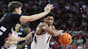 Arkansas Razorbacks guard Meleek Thomas (1) drives in the second half against the Cincinnati Bearcats at Bud Walton Arena. Arkansas won 89-61.