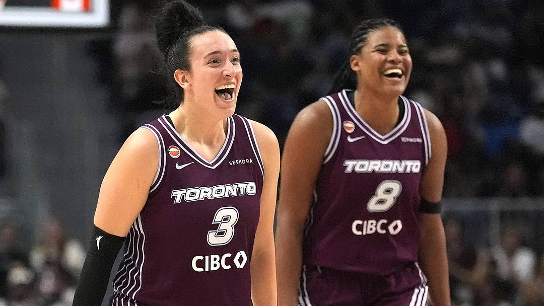 Jun 7, 2026; Toronto, Ontario, CAN; Toronto Tempo guard Marina Mabrey (3) and center Nyara Sabally (8) react after a three point basket by Toronto Tempo forward Isabelle Harrison (not pictured) against Chicago Sky during the second half at Coca-Cola Coliseum. Mandatory Credit: John E. Sokolowski-Imagn Images