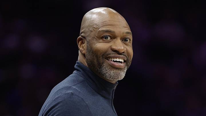 Feb 19, 2026; Sacramento, California, USA; Orlando Magic head coach Jamahl Mosley smiles towards Sacramento Kings guard Russell Westbrook (not pictured) after a play during the second quarter at Golden 1 Center. Mandatory Credit: Kelley L Cox-Imagn Images
