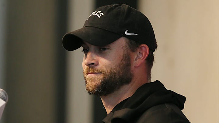 Iowa State offensive coordinator Taylor Mouser talks to media during the university’s football media availability at Stark Performance Center on Wednesday, Aug. 21, 2024, in Ames, Iowa.