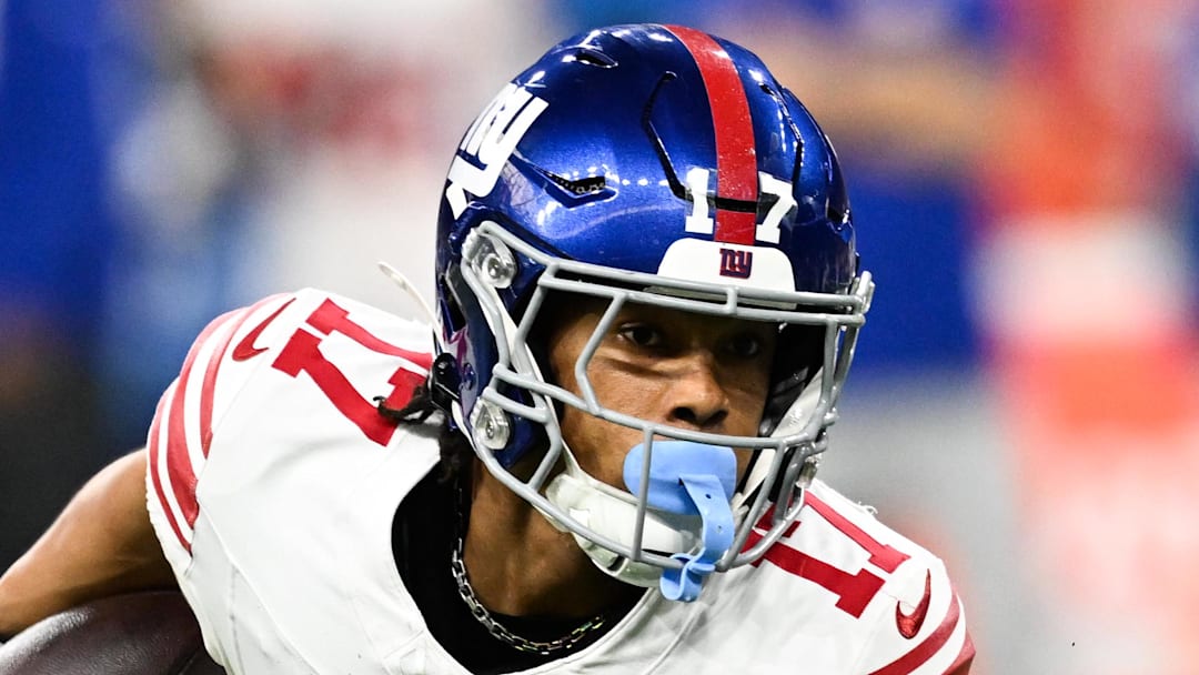 Nov 23, 2025; Detroit, Michigan, USA; New York Giants wide receiver Wan'Dale Robinson (17) runs upfield after catching a swing pass in the second quarter against the Detroit Lions at Ford Field. Mandatory Credit: Lon Horwedel-Imagn Images Nov 23, 2025; Detroit, Michigan, USA; New York Giants wide receiver Wan'Dale Robinson (17) runs upfield after catching a swing pass in the second quarter against the Detroit Lions at Ford Field. Mandatory Credit: Lon Horwedel-Imagn Images