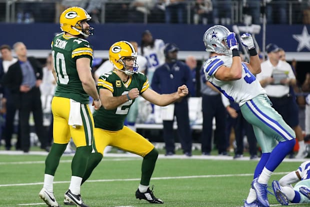 Green Bay Packers kicker Mason Crosby (2) celebrates his legendary, game-winning field goal in the playoffs at Dallas.