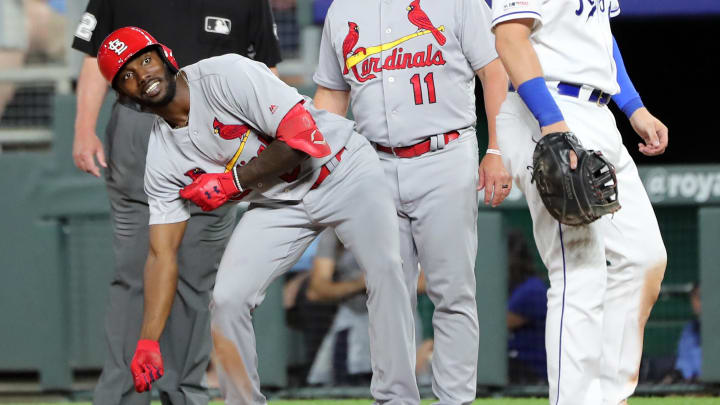 Aug 14, 2019; Kansas City, MO, USA; St. Louis Cardinals center fielder Randy Arozarena (66) celebrates after hitting a single against the Kansas City Royals during the ninth inning at Kauffman Stadium. Mandatory Credit: Jay Biggerstaff-USA TODAY Sports