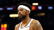 Oct 14, 2025; Phoenix, Arizona, USA; Phoenix Suns guard Jordan Goodwin (23) against the Los Angeles Lakers during an NBA preseason game at Mortgage Matchup Center. Mandatory Credit: Mark J. Rebilas-Imagn Images
