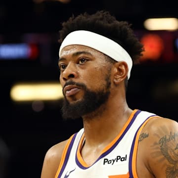 Oct 14, 2025; Phoenix, Arizona, USA; Phoenix Suns guard Jordan Goodwin (23) against the Los Angeles Lakers during an NBA preseason game at Mortgage Matchup Center. Mandatory Credit: Mark J. Rebilas-Imagn Images