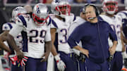 Feb 5, 2017; Houston, TX, USA; New England Patriots head coach Bill Belichick reacts with running back LeGarrette Blount (29) during the second quarter against the Atlanta Falcons during Super Bowl LI at NRG Stadium. Mandatory Credit: Dan Powers-Imagn Images