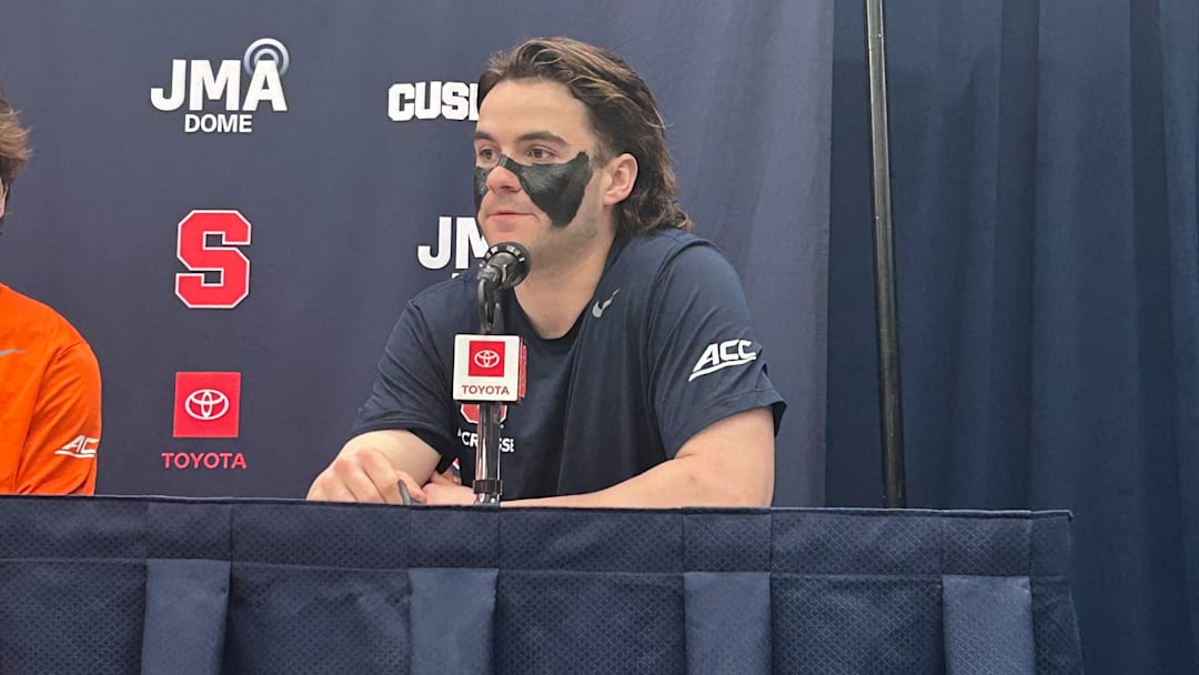 Syracuse attacker Joey Spallina addresses the media following SU's 18-12 victory over Georgetown on Sunday.