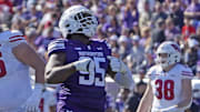 Oct 19, 2024; Evanston, Illinois, USA; Northwestern Wildcats defensive lineman Najee Story (95) sacks Wisconsin Badgers quarterback Braedyn Locke (not pictured) during the first half at Lanny and Sharon Martin Stadium. Mandatory Credit: David Banks-Imagn Images