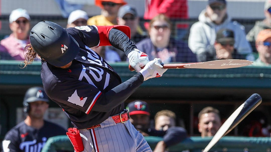 Feb 23, 2026; Lakeland, Florida, USA; Minnesota Twins center fielder Austin Martin (16) breaks a bat during the third inning against the Detroit Tigers at Publix Field at Joker Marchant Stadium. Mandatory Credit: Mike Watters-Imagn Images