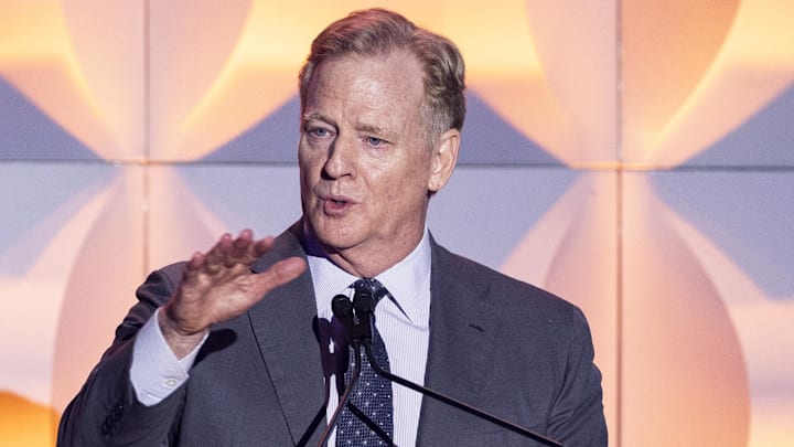 NFL Commissioner Roger Goodell speaks at the 2024 Pro Football Hall of Fame dinner.