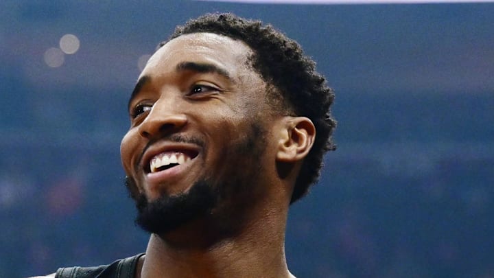 Feb 19, 2026; Cleveland, Ohio, USA; Cleveland Cavaliers guard Donovan Mitchell (45) reacts after a play during the second half against the Brooklyn Nets at Rocket Arena. Mandatory Credit: Ken Blaze-Imagn Images