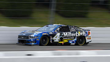 Jun 21, 2025; Long Pond, Pennsylvania, USA; NASCAR Cup Series driver Noah Gragson (4) during practice and qualifying for The Great American Getaway 400 at Pocono Raceway.
