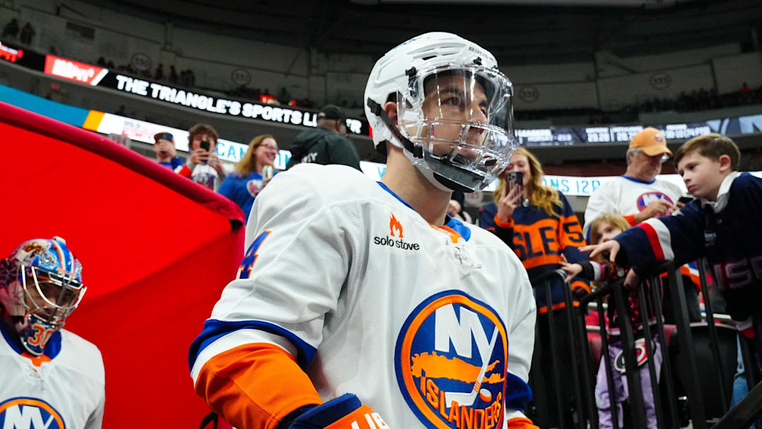 Mar 30, 2025; Raleigh, North Carolina, USA;  New York Islanders center Jean-Gabriel Pageau (44) goes out onto the ice fro the warmups before the game against the Carolina Hurricanes at Lenovo Center. Mandatory Credit: James Guillory-Imagn Images
