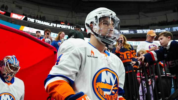 Mar 30, 2025; Raleigh, North Carolina, USA;  New York Islanders center Jean-Gabriel Pageau (44) goes out onto the ice fro the warmups before the game against the Carolina Hurricanes at Lenovo Center. Mandatory Credit: James Guillory-Imagn Images