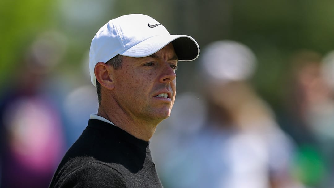 Rory McIlroy during a practice round at Augusta National ahead of the 2025 Masters
