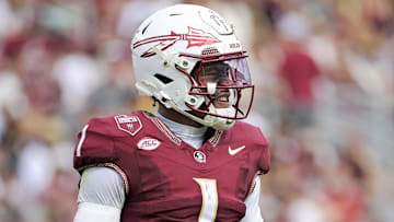 Sep 20, 2025; Tallahassee, Florida, USA; Florida State Seminoles quarterback Thomas Castellanos (1) during the first half against the Kent State Golden Flashes at Doak S. Campbell Stadium. Mandatory Credit: Melina Myers-Imagn Images