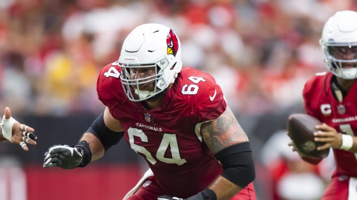 Sep 11, 2022; Glendale, Arizona, USA; Arizona Cardinals guard Sean Harlow (64) against the Kansas City Chiefs at State Farm Stadium. Mandatory Credit: Mark J. Rebilas-USA TODAY Sports