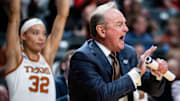 Texas Longhorns head coach Vic Schaefer yells to his team in the first half of the Longhorns' NCAA Playoff Regional final game against the TCU Horned Frogs at Legacy Arena in Birmingham Alabama, March 31, 2025.