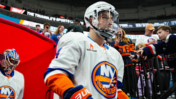 New York Islanders center Jean-Gabriel Pageau (44) goes out onto the ice for the warmups