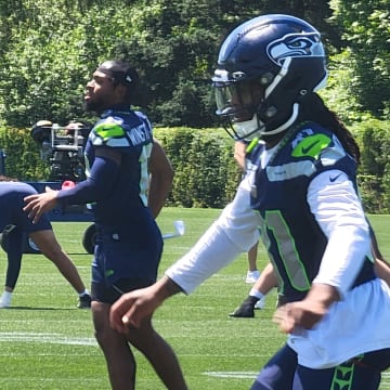 Seattle Seahawks receiver Laviska Shenault warms up prior to the start of mandatory minicamp.