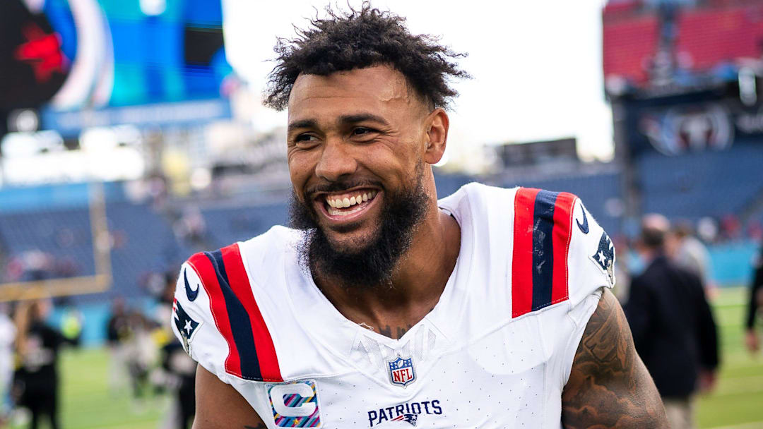New England Patriots linebacker Harold Landry III exits the field after defeating the Tennessee Titans at Nissan Stadium in Nashville, Tenn., Sunday, Oct. 19, 2025.