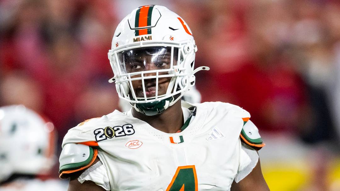Jan 19, 2026; Miami Gardens, FL, USA; Miami Hurricanes defensive lineman Rueben Bain Jr. (4) against the Indiana Hoosiers during the College Football Playoff National Championship game at Hard Rock Stadium. Mandatory Credit: Mark J. Rebilas-Imagn Images Jan 19, 2026; Miami Gardens, FL, USA; Miami Hurricanes defensive lineman Rueben Bain Jr. (4) against the Indiana Hoosiers during the College Football Playoff National Championship game at Hard Rock Stadium. Mandatory Credit: Mark J. Rebilas-Imagn Images