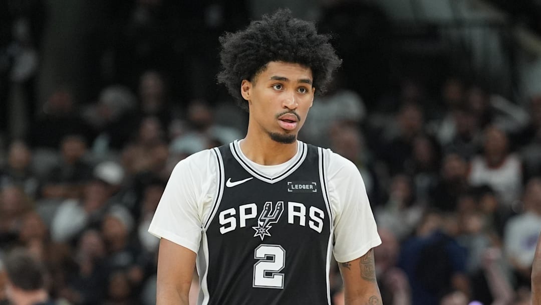 Oct 27, 2025; San Antonio, Texas, USA;  San Antonio Spurs guard Dylan Harper (2) walks up the court in the second half against the Toronto Raptors at Frost Bank Center. Mandatory Credit: Daniel Dunn-Imagn Images
