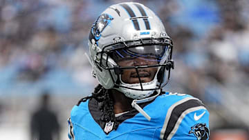 Aug 2, 2025; Charlottle, NC, USA; Carolina Panthers running back Rico Dowdle (5) during Fanfest at Bank of America Stadium. Mandatory Credit: Jim Dedmon-Imagn Images
