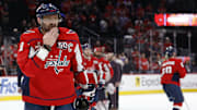 May 15, 2025; Washington, District of Columbia, USA; Washington Capitals left wing Alex Ovechkin (8) blows a kiss to his son in the stands after game five of the second round of the 2025 Stanley Cup Playoffs against the Carolina Hurricanes at Capital One Arena. Mandatory Credit: Geoff Burke-Imagn Images