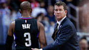 Mar 16, 2017; Denver, CO, USA; Los Angeles Clippers guard Chris Paul (3) walks to the bench past assistant coach Brendan O'Connor in the first quarter against the Denver Nuggets at the Pepsi Center. The Nuggets won 129-114. Mandatory Credit: Isaiah J. Downing-Imagn Images